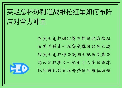 英足总杯热刺迎战维拉红军如何布阵应对全力冲击 英足总杯热刺迎战维拉红军如何布阵应对全力冲击
