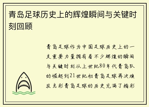 青岛足球历史上的辉煌瞬间与关键时刻回顾