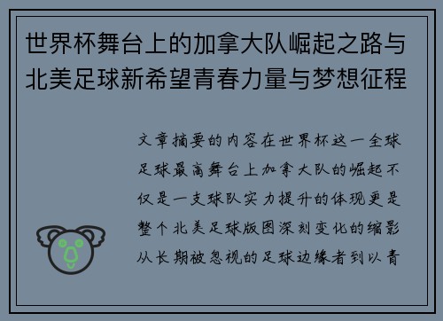 世界杯舞台上的加拿大队崛起之路与北美足球新希望青春力量与梦想征程